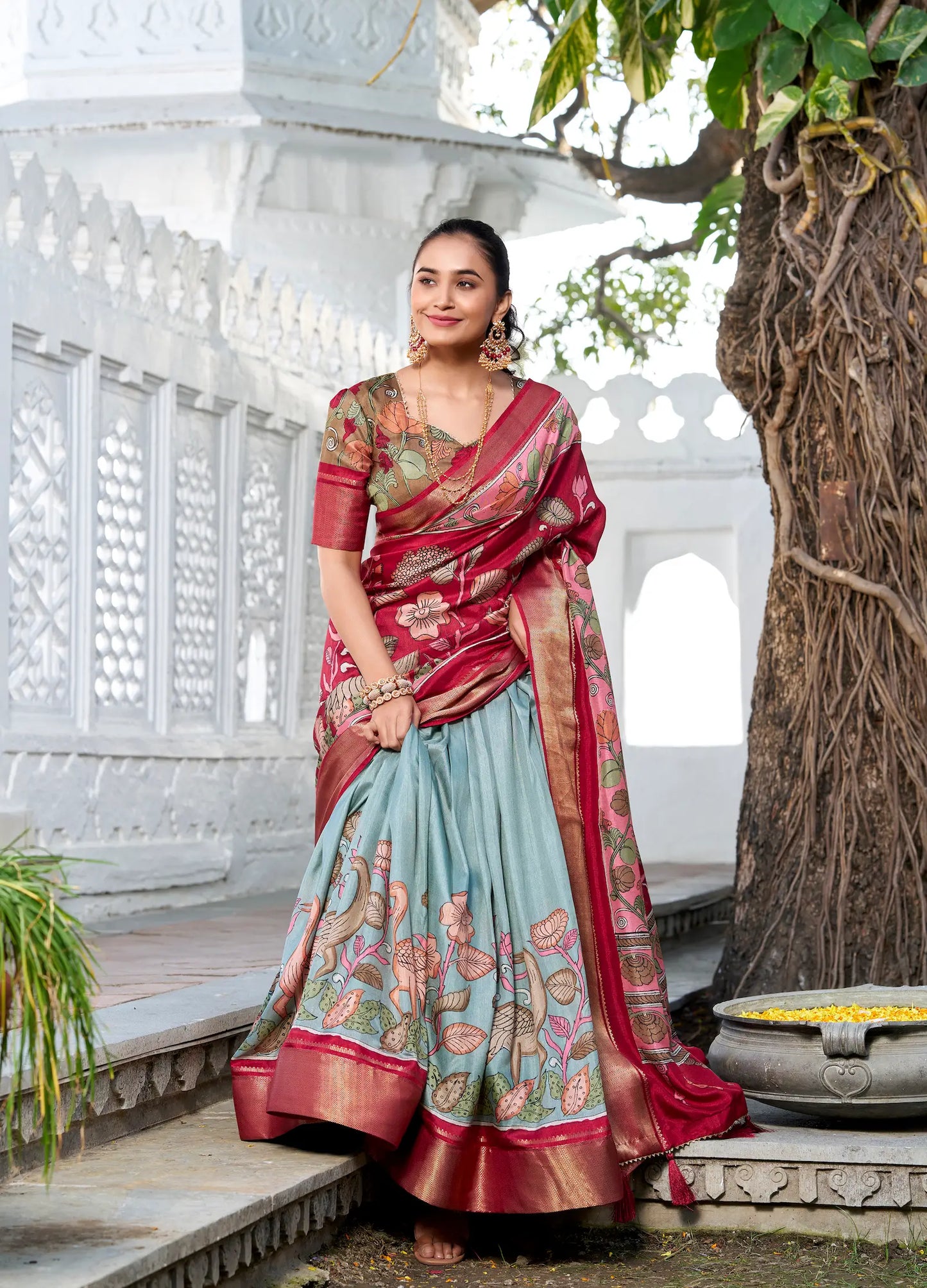 Sea Green dola Silk Kalamkari Printed Lehenga Choli