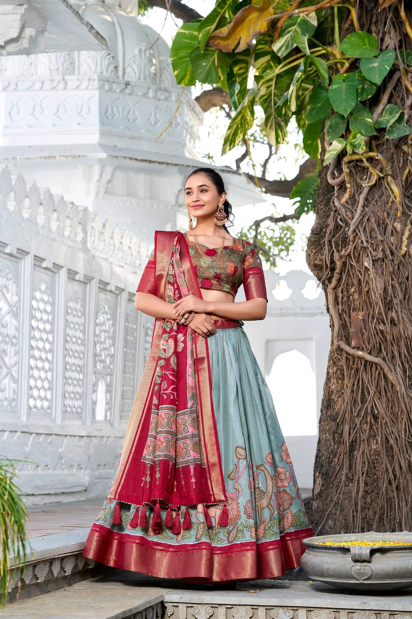 Sea Green dola Silk Kalamkari Printed Lehenga Choli