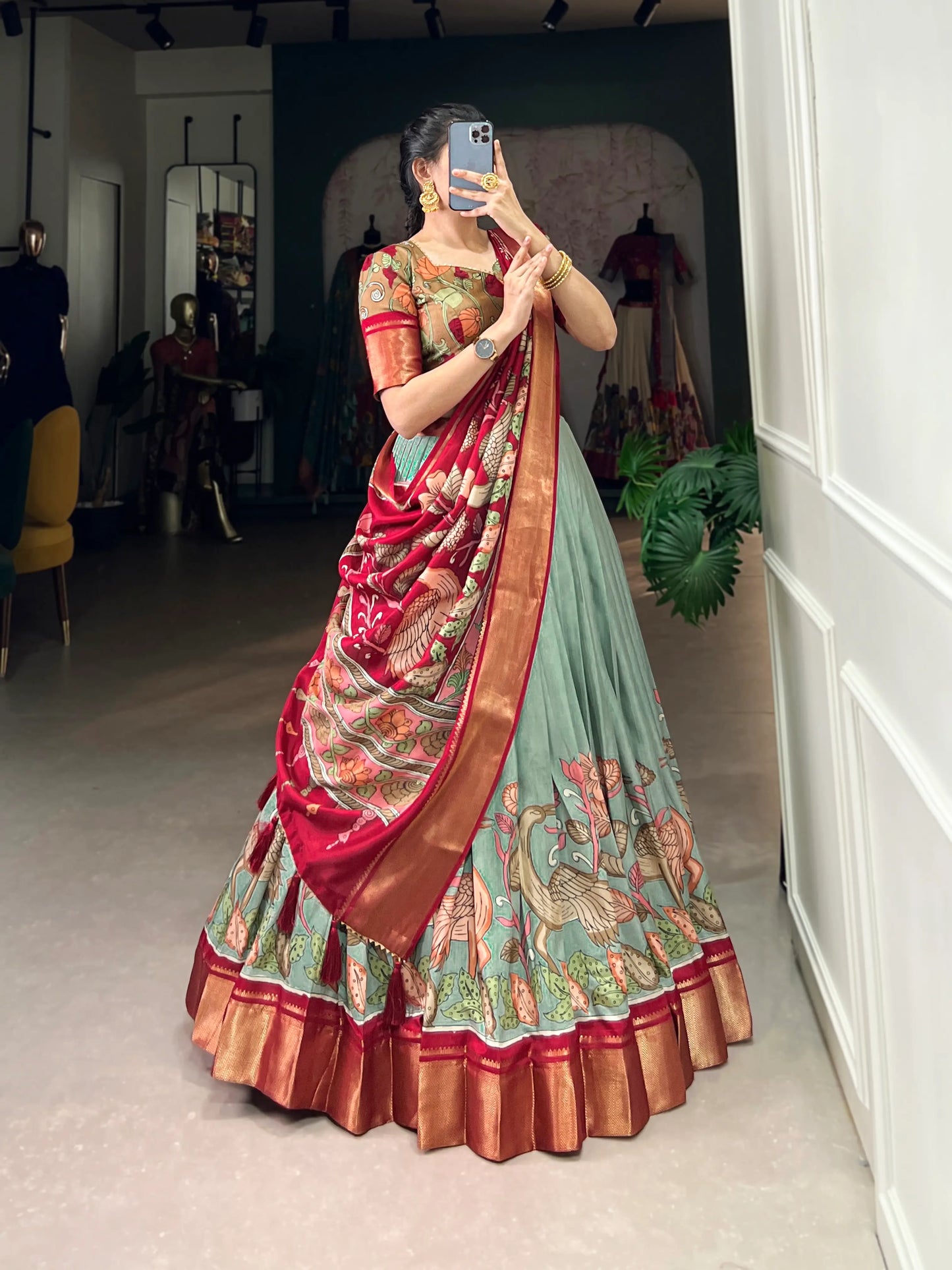 Sea Green dola Silk Kalamkari Printed Lehenga Choli