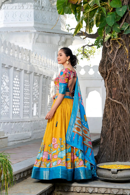 Yellow dola Silk Kalamkari Printed Lehenga Choli