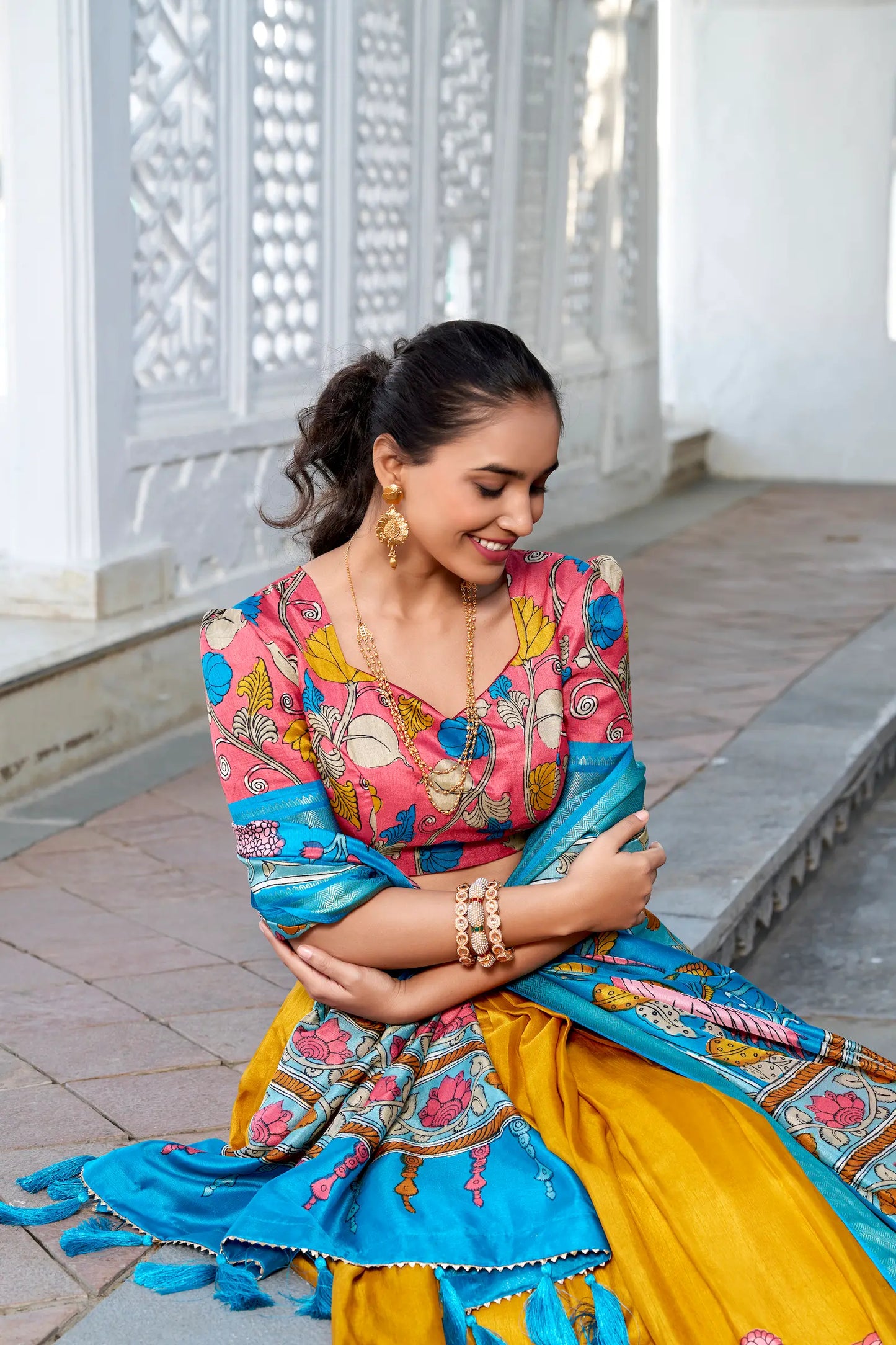 Yellow dola Silk Kalamkari Printed Lehenga Choli