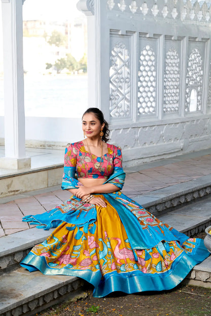 Yellow dola Silk Kalamkari Printed Lehenga Choli