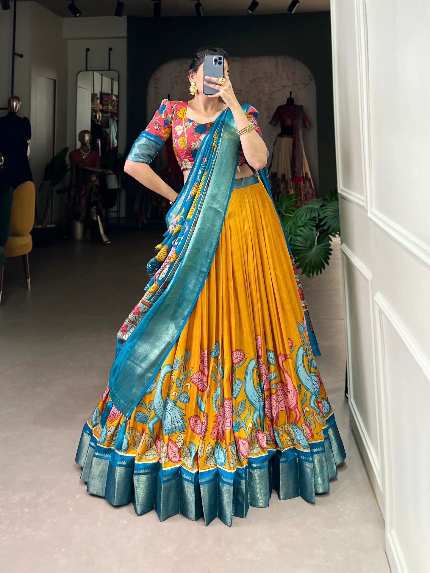 Yellow dola Silk Kalamkari Printed Lehenga Choli