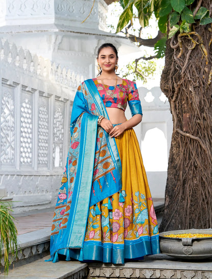 Yellow dola Silk Kalamkari Printed Lehenga Choli