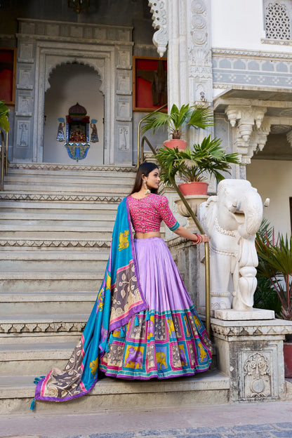 Lavender Tussar Silk Lehenga Choli With Kalamkari Print & Foil Work