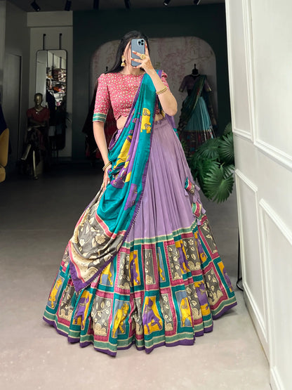 Lavender Tussar Silk Lehenga Choli With Kalamkari Print & Foil Work