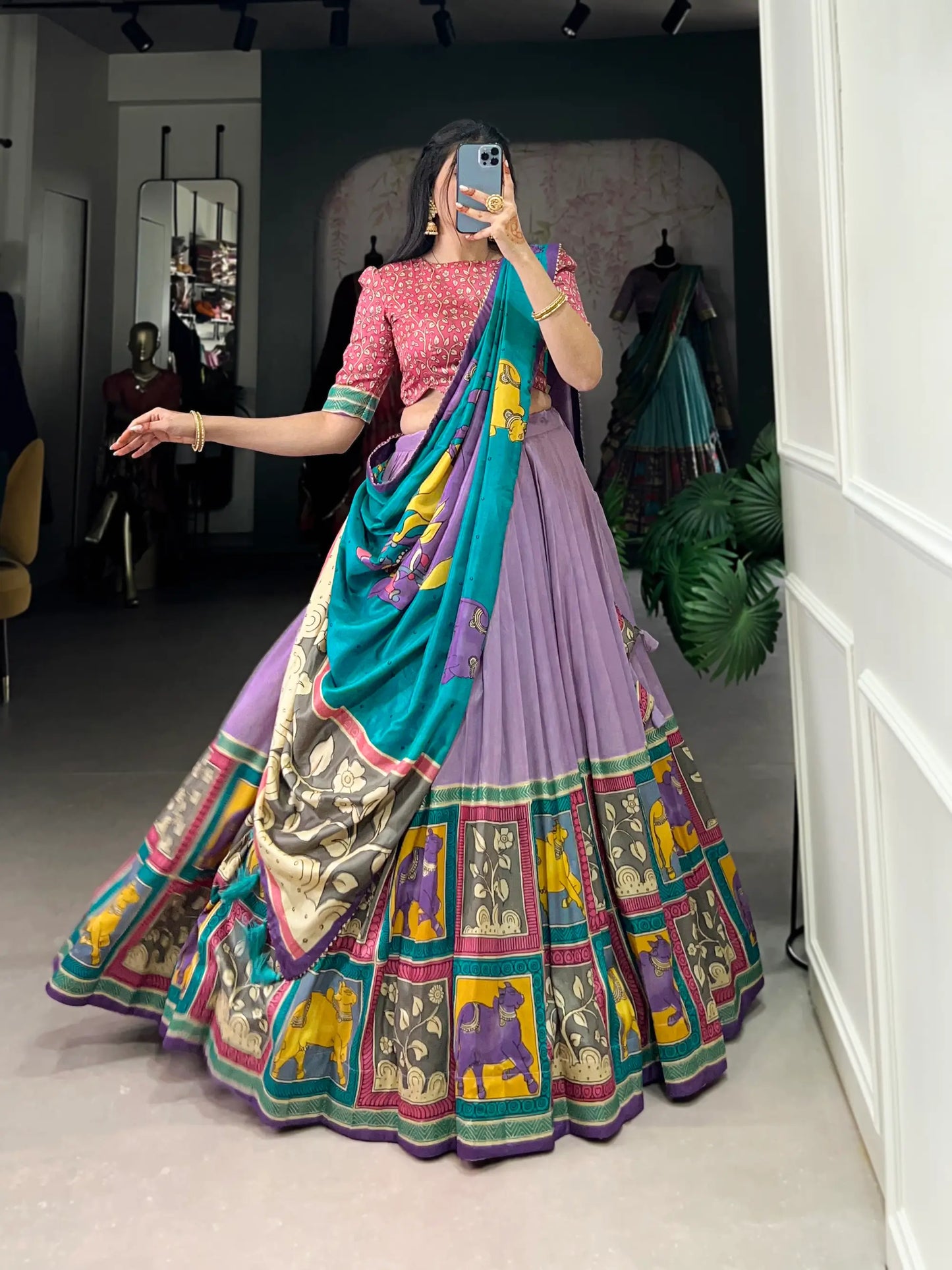 Lavender Tussar Silk Lehenga Choli With Kalamkari Print & Foil Work