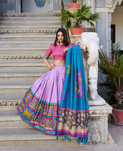 Lavender Tussar Silk Lehenga Choli With Kalamkari Print & Foil Work