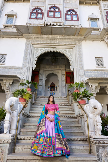 Lavender Tussar Silk Lehenga Choli With Kalamkari Print & Foil Work