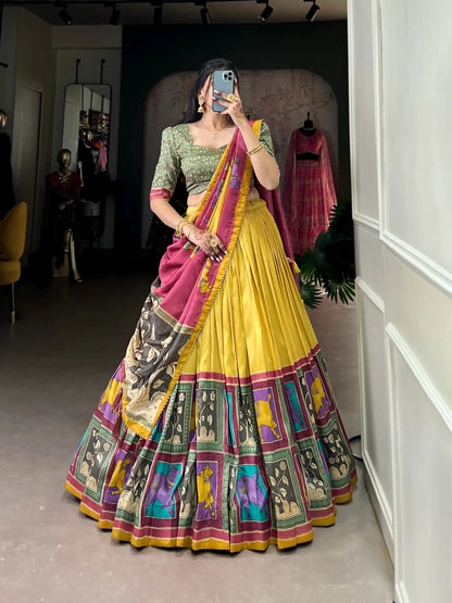 Mustard Tussar Silk Lehenga Choli With Kalamkari Print & Foil Work