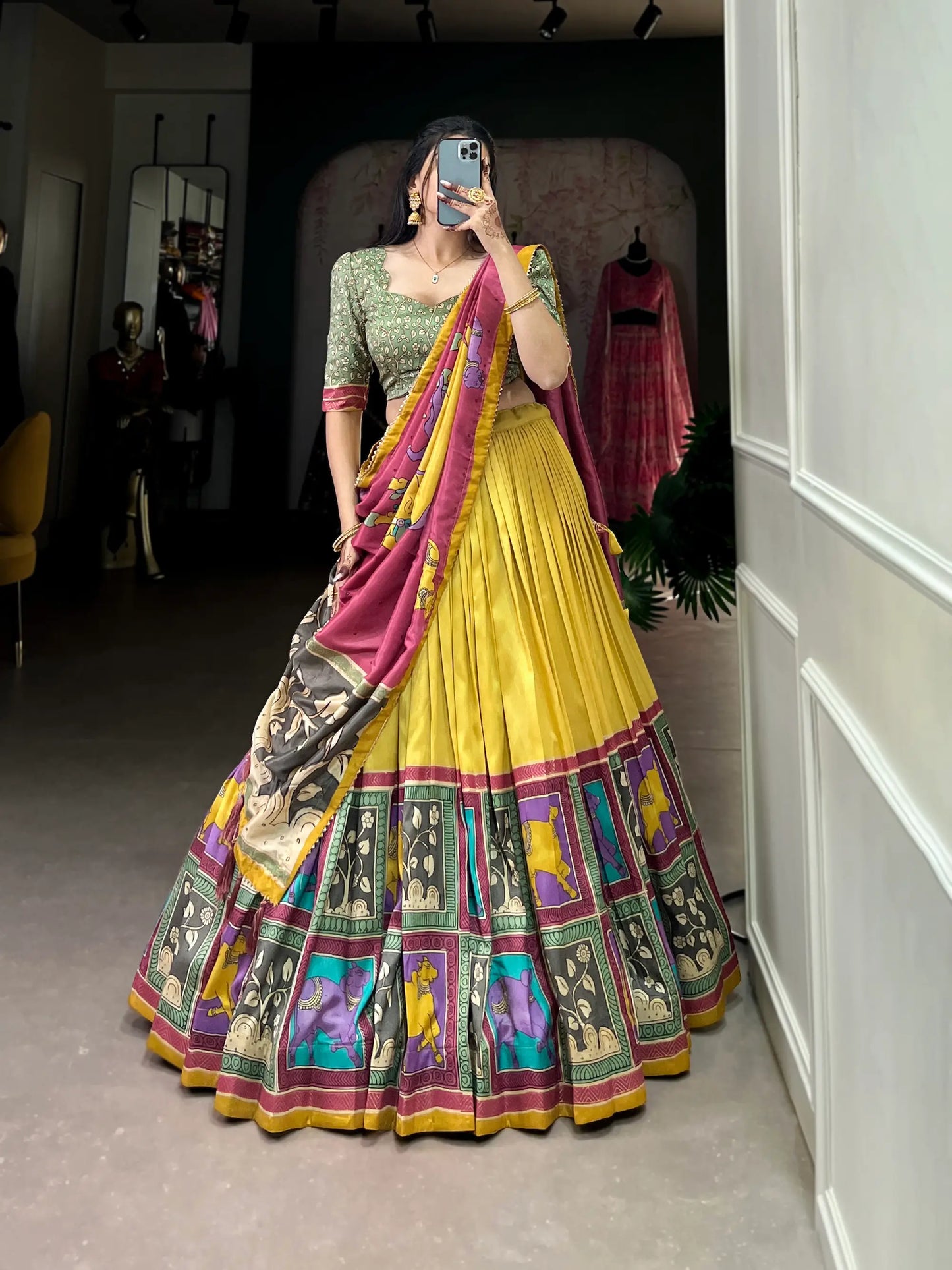 Mustard Tussar Silk Lehenga Choli With Kalamkari Print & Foil Work