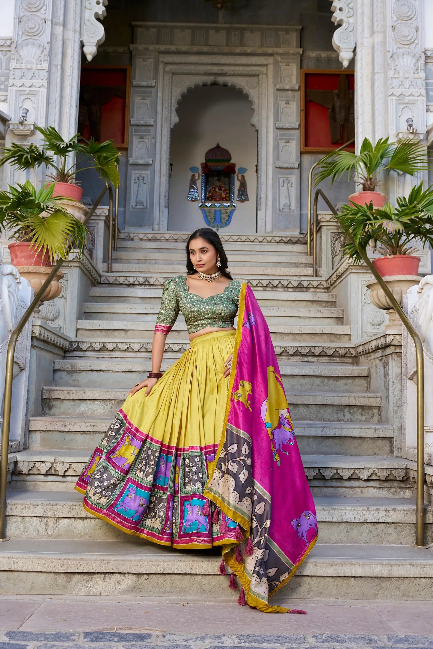 Mustard Tussar Silk Lehenga Choli With Kalamkari Print & Foil Work