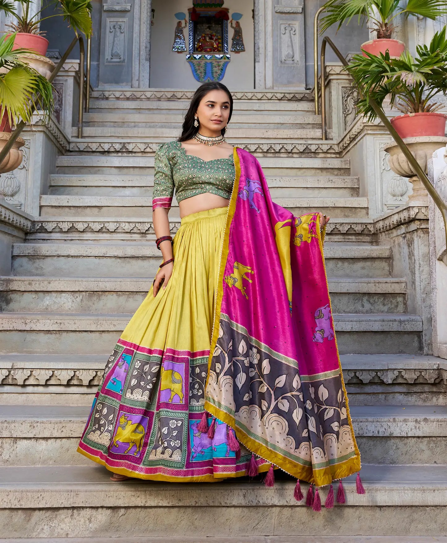 Mustard Tussar Silk Lehenga Choli With Kalamkari Print & Foil Work