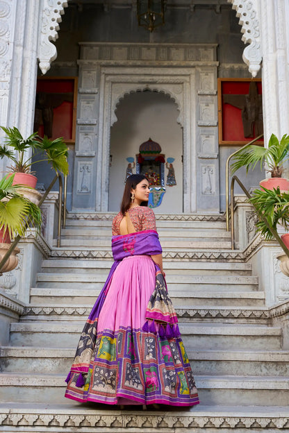 Peach Tussar Silk Lehenga Choli With Kalamkari Print & Foil Work