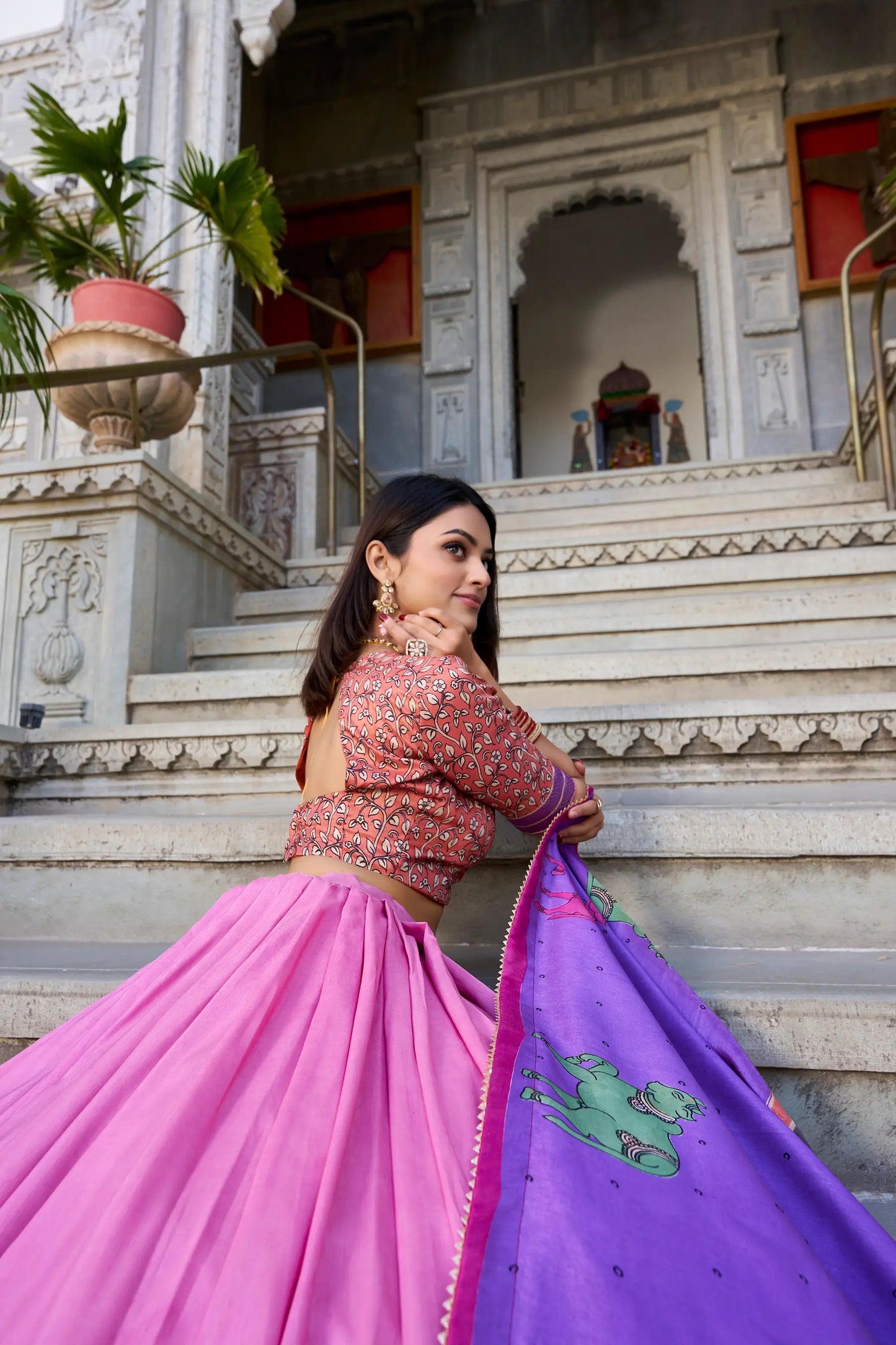 Peach Tussar Silk Lehenga Choli With Kalamkari Print & Foil Work