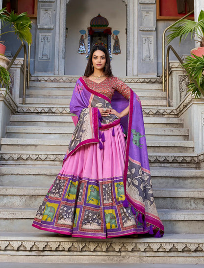 Peach Tussar Silk Lehenga Choli With Kalamkari Print & Foil Work