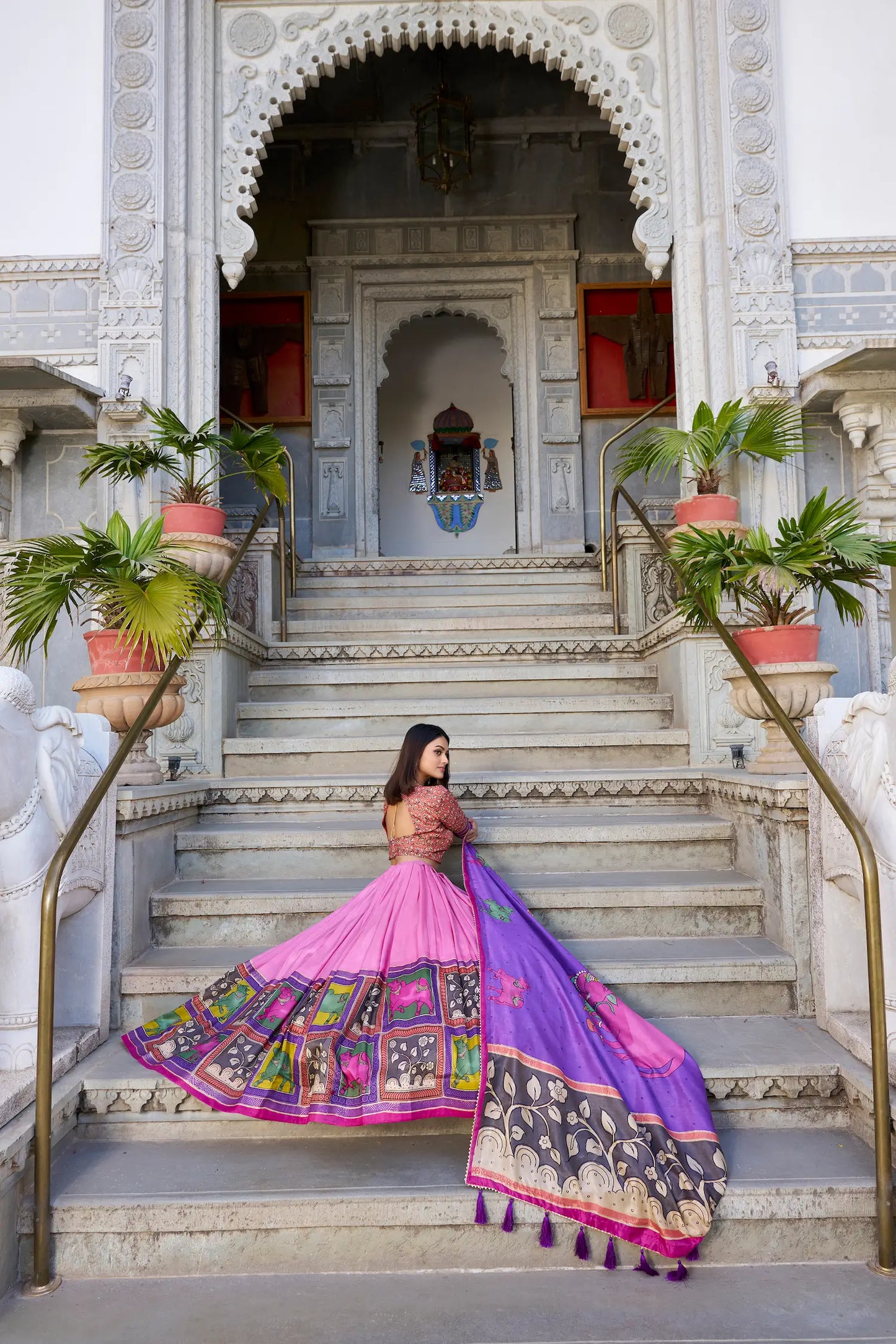 Peach Tussar Silk Lehenga Choli With Kalamkari Print & Foil Work