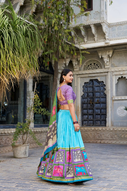 Sea Green Tussar Silk Lehenga Choli With Kalamkari Print & Foil Work