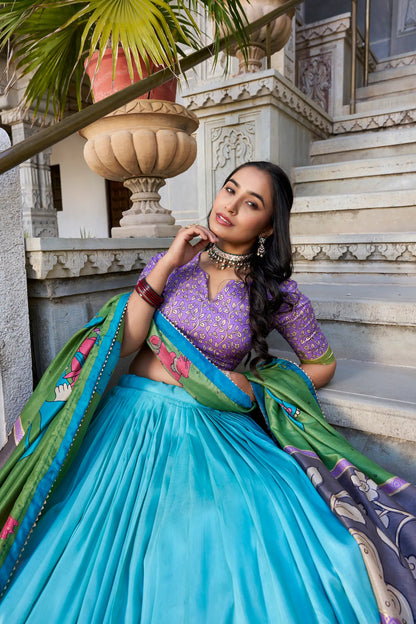 Sea Green Tussar Silk Lehenga Choli With Kalamkari Print & Foil Work