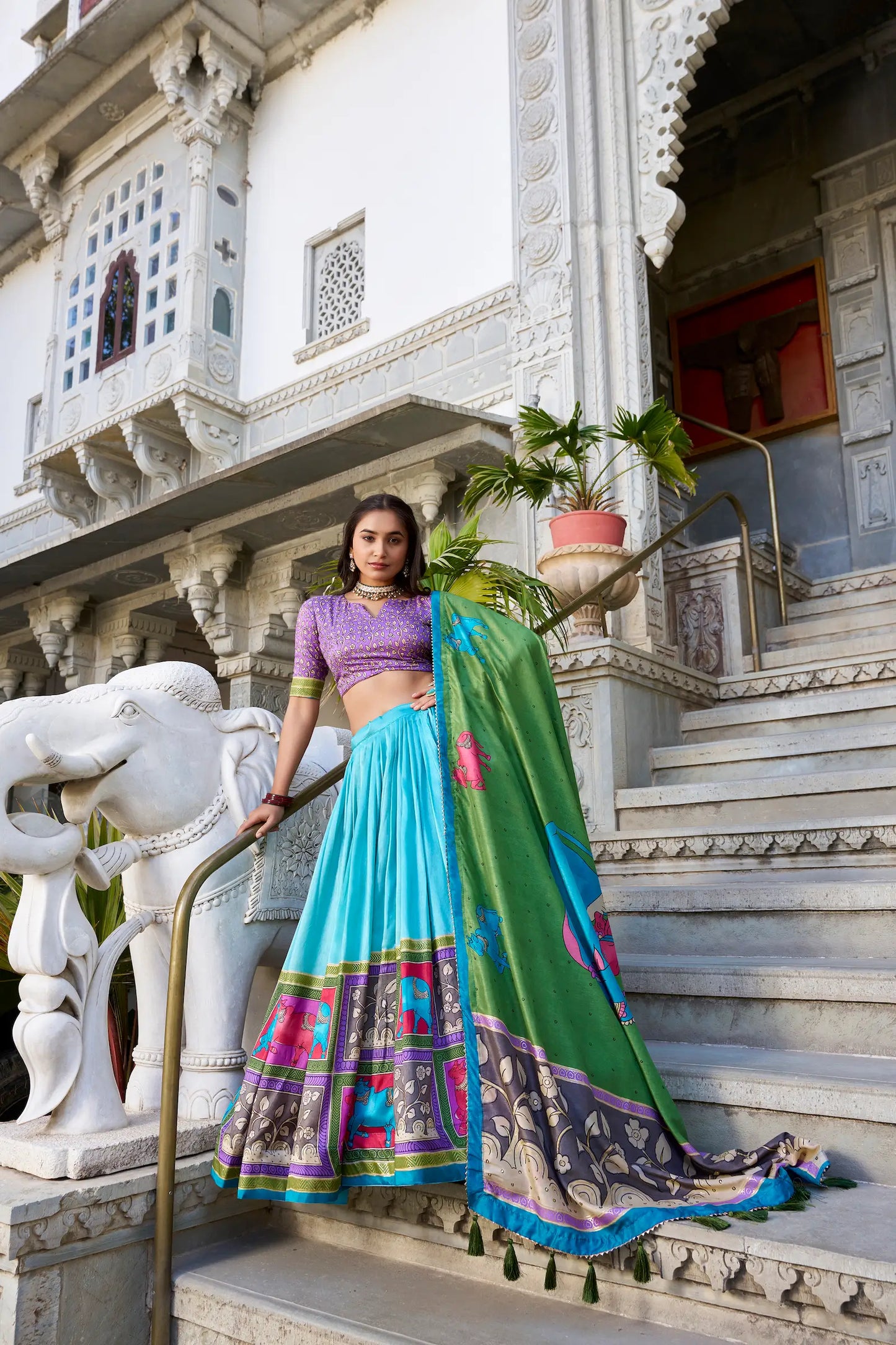 Sea Green Tussar Silk Lehenga Choli With Kalamkari Print & Foil Work