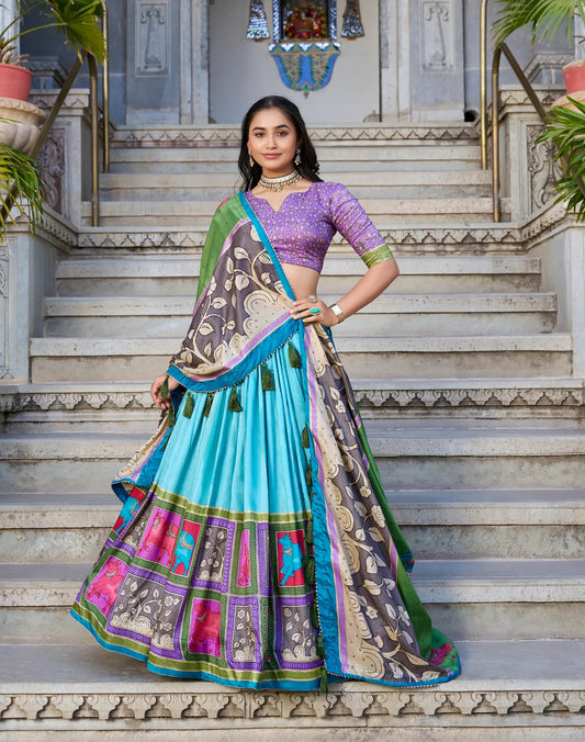 Sea Green Tussar Silk Lehenga Choli With Kalamkari Print & Foil Work