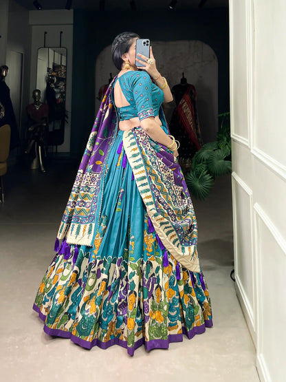 Sea Blue Tussar Silk Lehenga Choli With Kalamkari Print & Foil Work