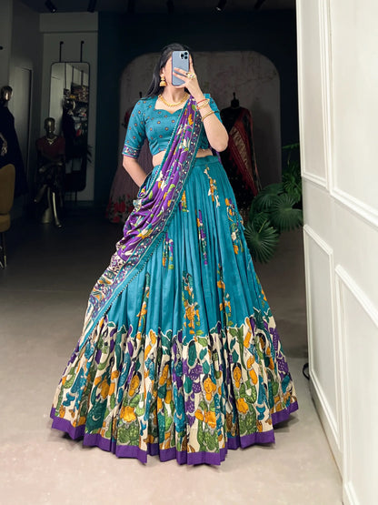 Sea Blue Tussar Silk Lehenga Choli With Kalamkari Print & Foil Work