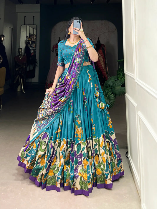 Sea Blue Tussar Silk Lehenga Choli With Kalamkari Print & Foil Work