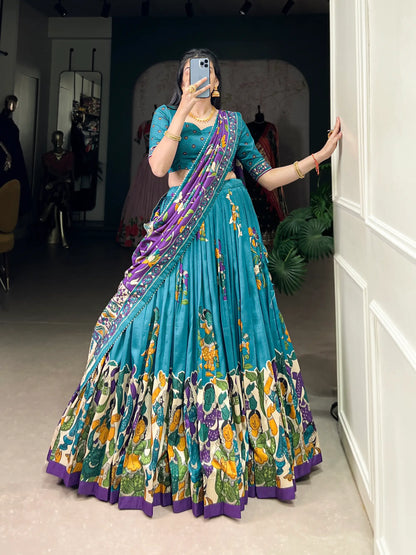 Sea Blue Tussar Silk Lehenga Choli With Kalamkari Print & Foil Work