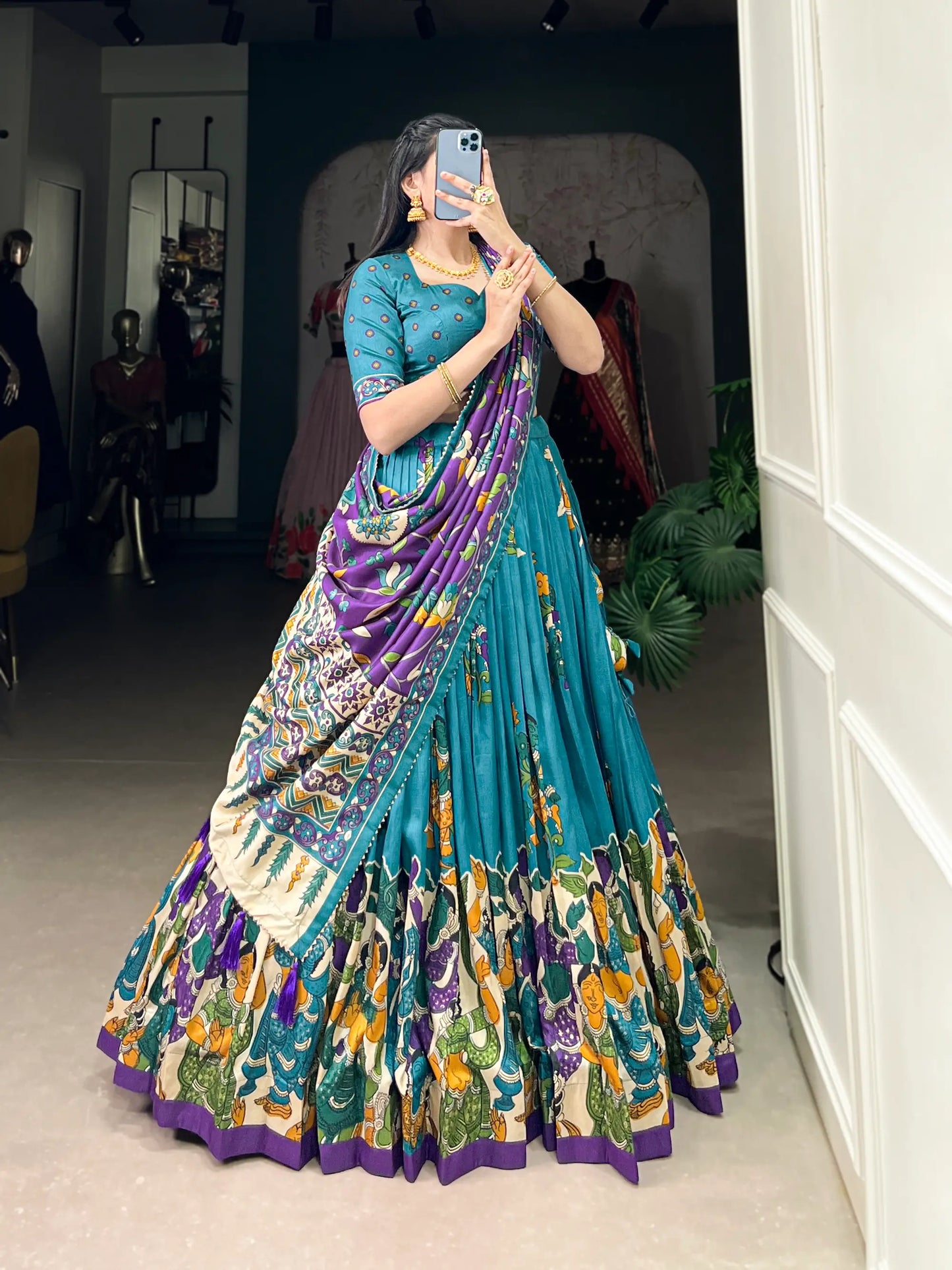 Sea Blue Tussar Silk Lehenga Choli With Kalamkari Print & Foil Work