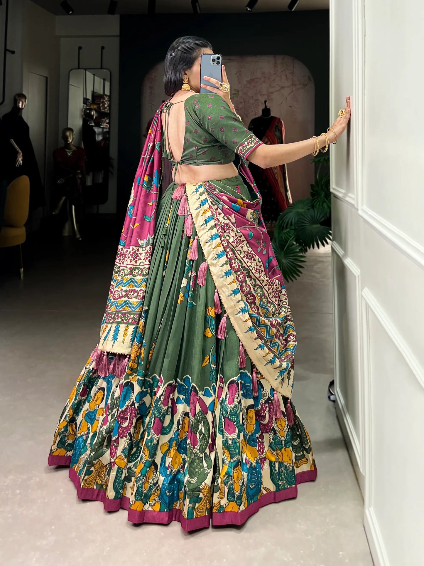 Olive Green Tussar Silk Lehenga Choli With Kalamkari Print & Foil Work