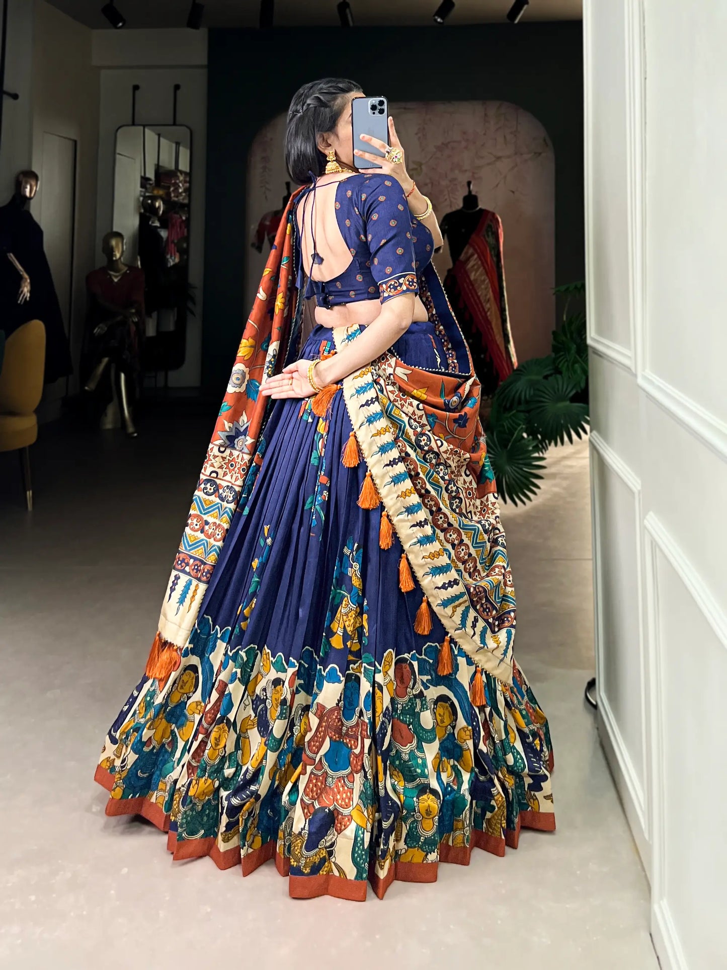 Navy Blue Tussar Silk Lehenga Choli With Kalamkari Print & Foil Work