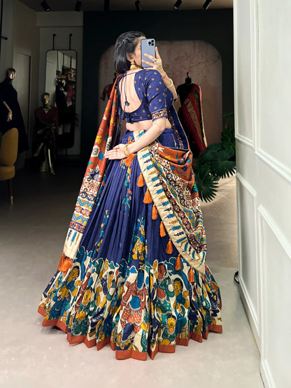 Navy Blue Tussar Silk Lehenga Choli With Kalamkari Print & Foil Work