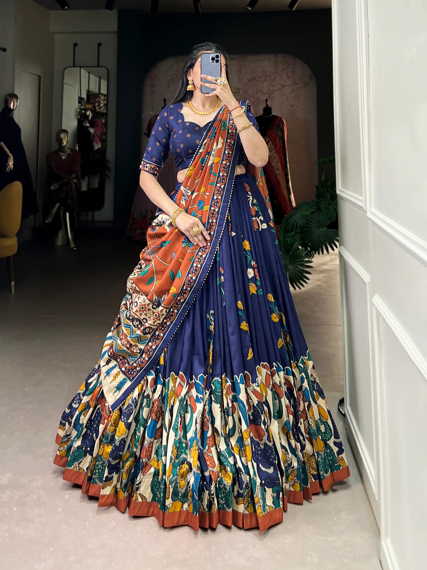 Navy Blue Tussar Silk Lehenga Choli With Kalamkari Print & Foil Work