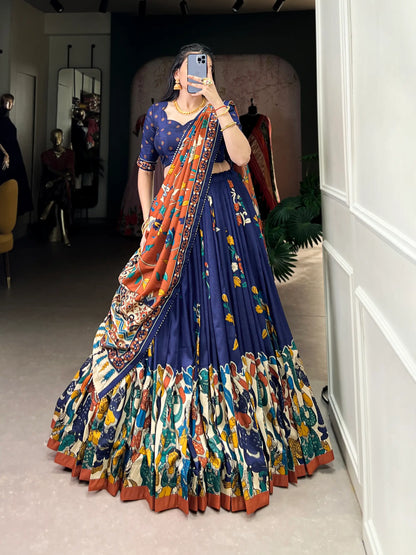 Navy Blue Tussar Silk Lehenga Choli With Kalamkari Print & Foil Work