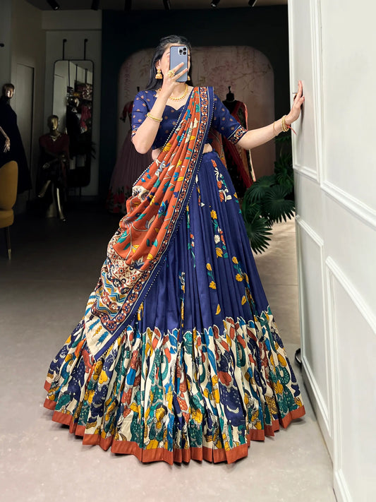 Navy Blue Tussar Silk Lehenga Choli With Kalamkari Print & Foil Work