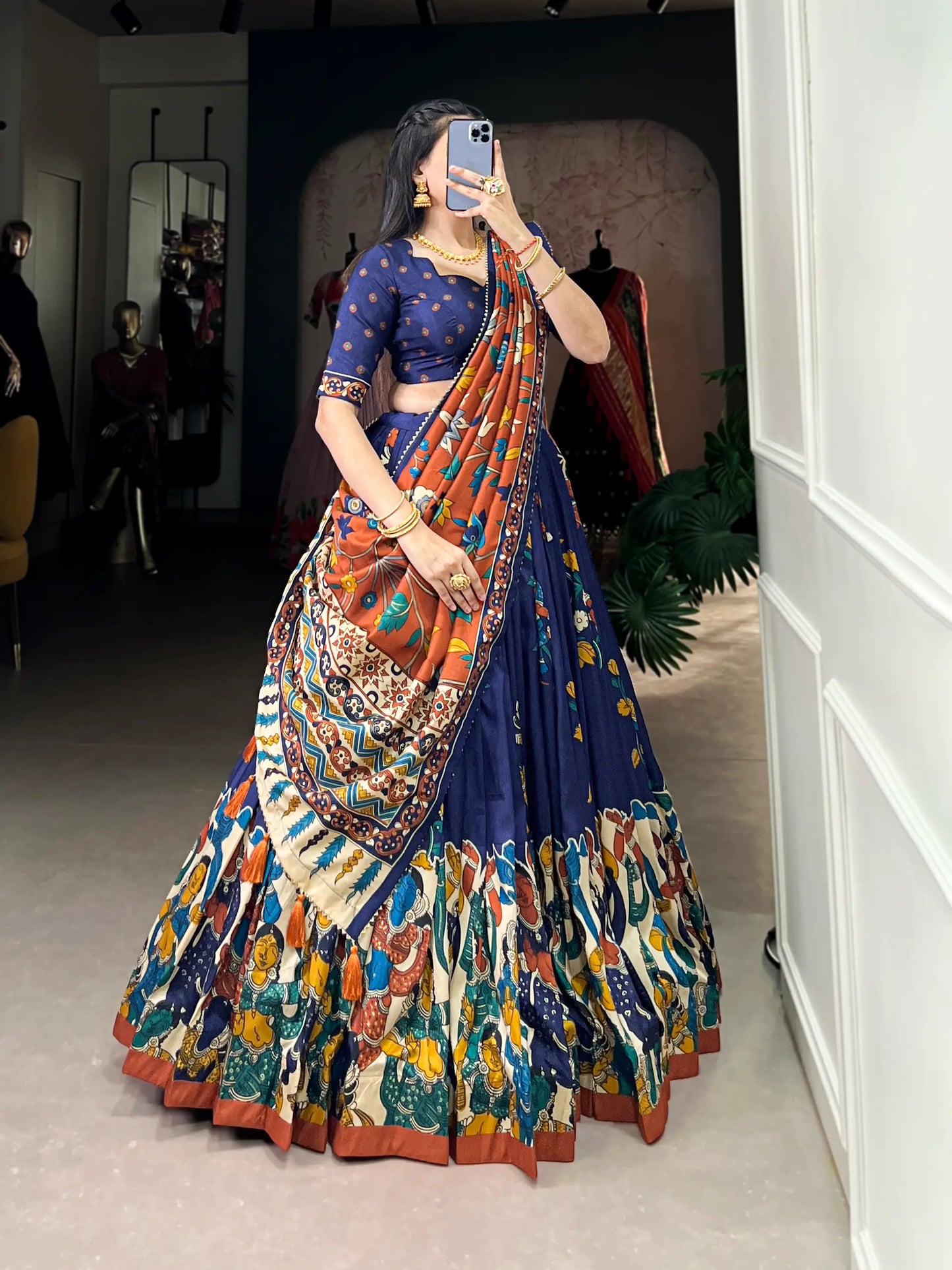 Navy Blue Tussar Silk Lehenga Choli With Kalamkari Print & Foil Work