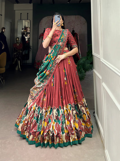 Dusty Red Tussar Silk Lehenga Choli With Kalamkari Print & Foil Work