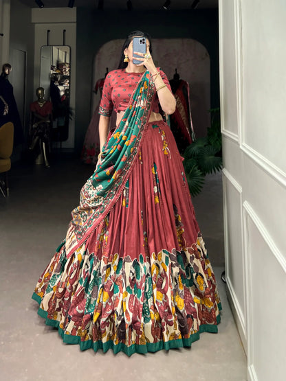 Dusty Red Tussar Silk Lehenga Choli With Kalamkari Print & Foil Work