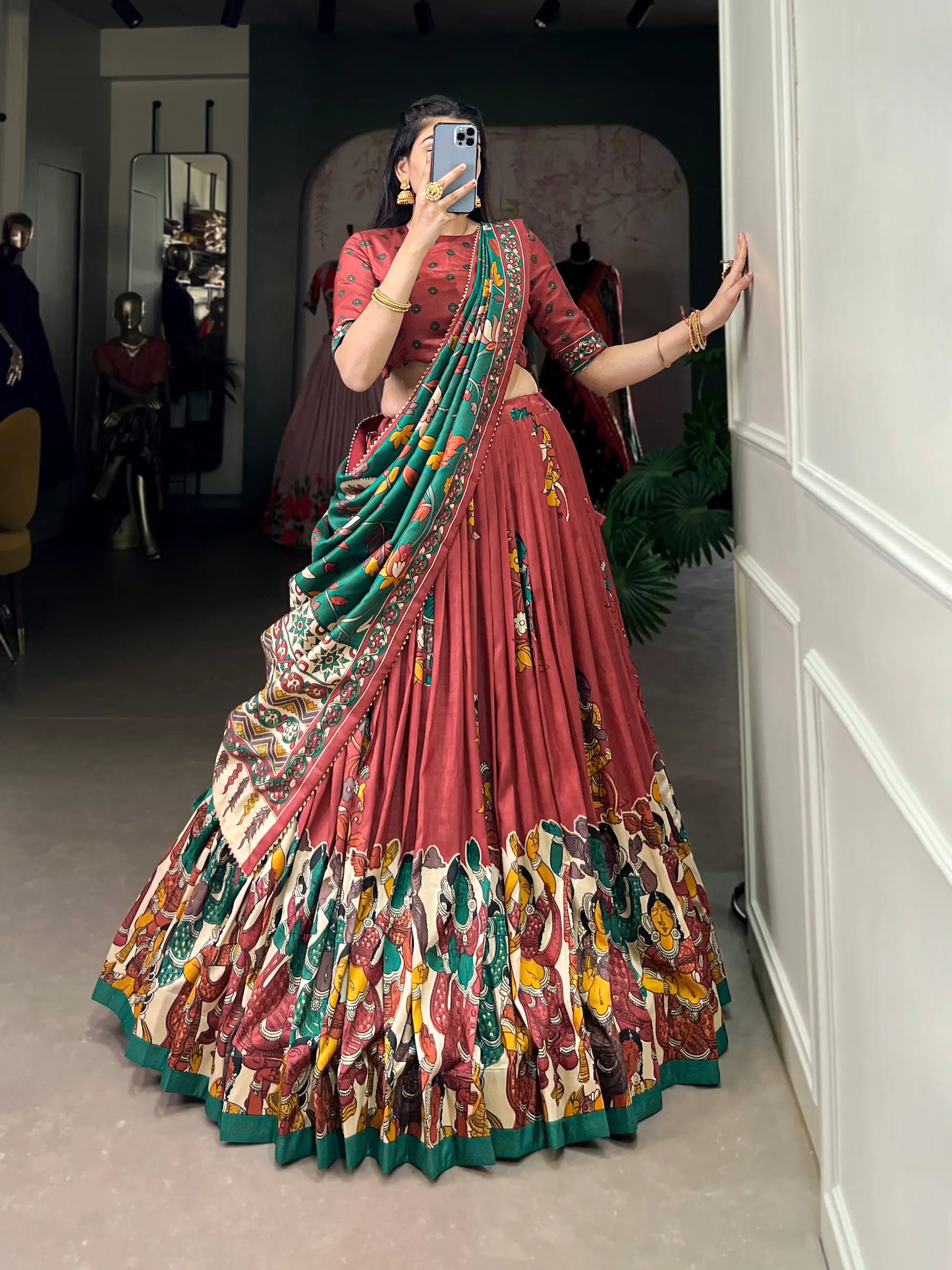 Dusty Red Tussar Silk Lehenga Choli With Kalamkari Print & Foil Work