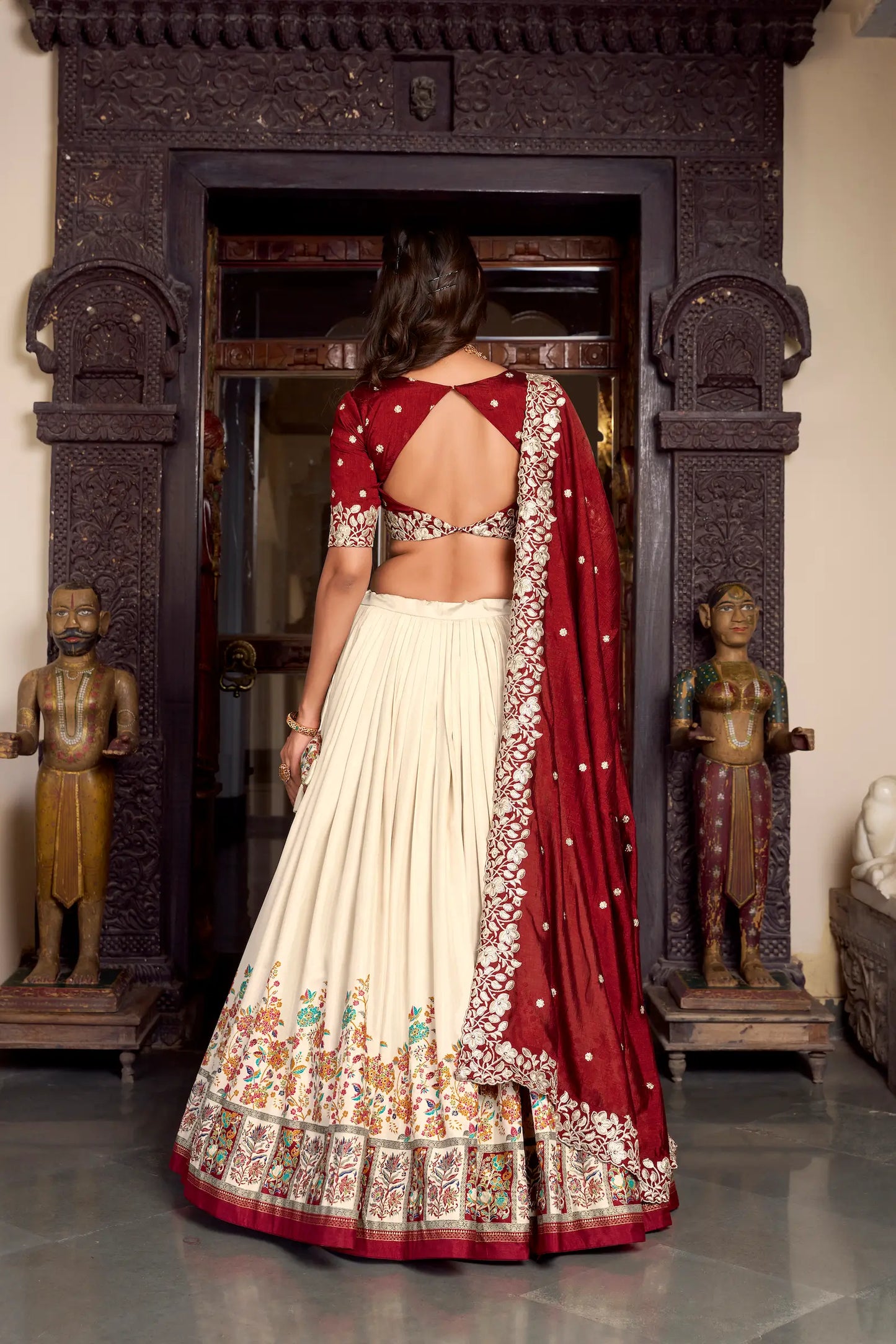 Beige Tussar Silk Lehenga Choli With Digital Print & Embroidery Work