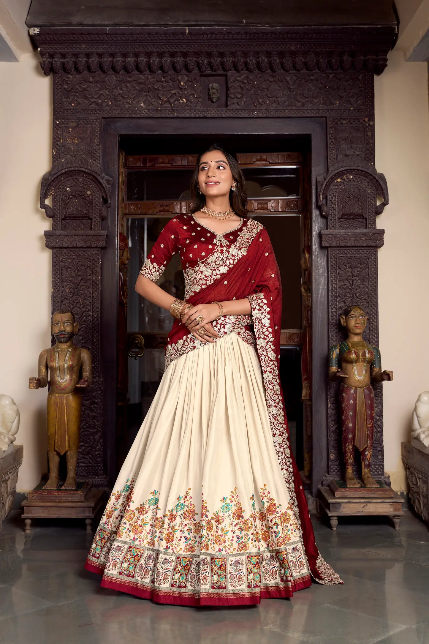 Beige Tussar Silk Lehenga Choli With Digital Print & Embroidery Work