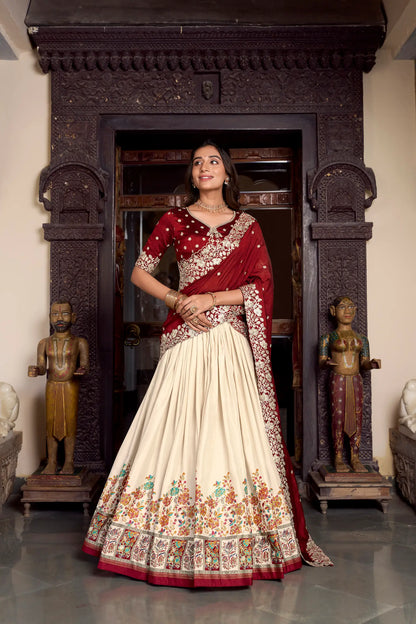 Beige Tussar Silk Lehenga Choli With Digital Print & Embroidery Work