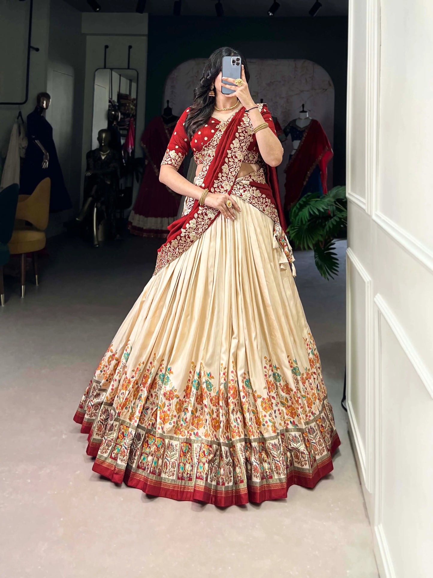 Beige Tussar Silk Lehenga Choli With Digital Print & Embroidery Work