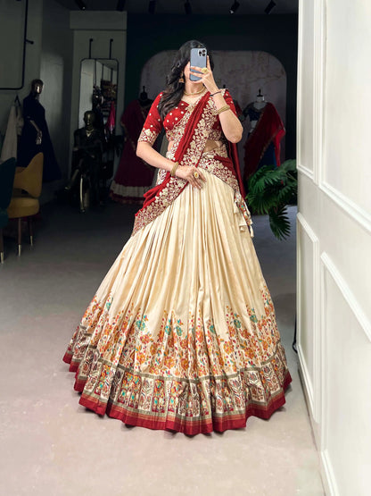 Beige Tussar Silk Lehenga Choli With Digital Print & Embroidery Work