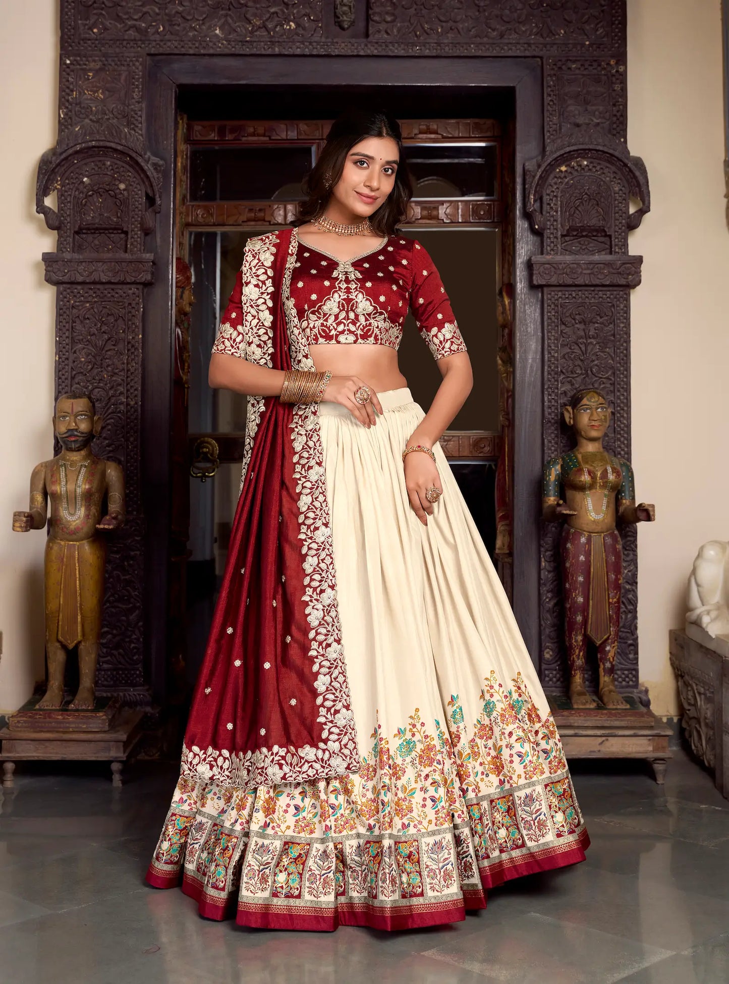 Beige Tussar Silk Lehenga Choli With Digital Print & Embroidery Work