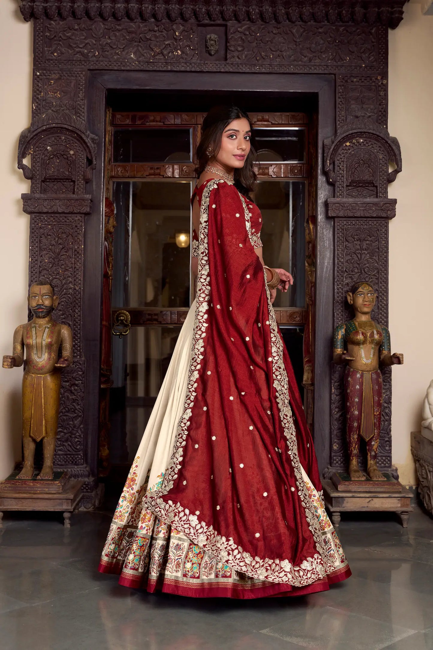 Beige Tussar Silk Lehenga Choli With Digital Print & Embroidery Work