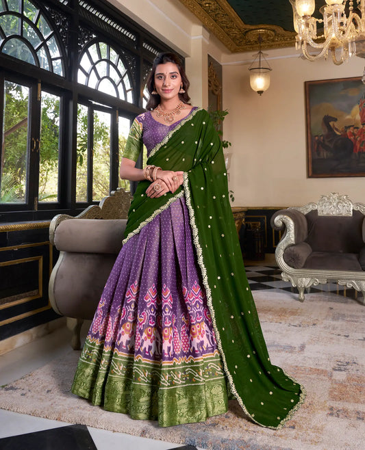 Purple Kanchipuram Silk Lehenga Choli With Digital Print & Embroidery Work