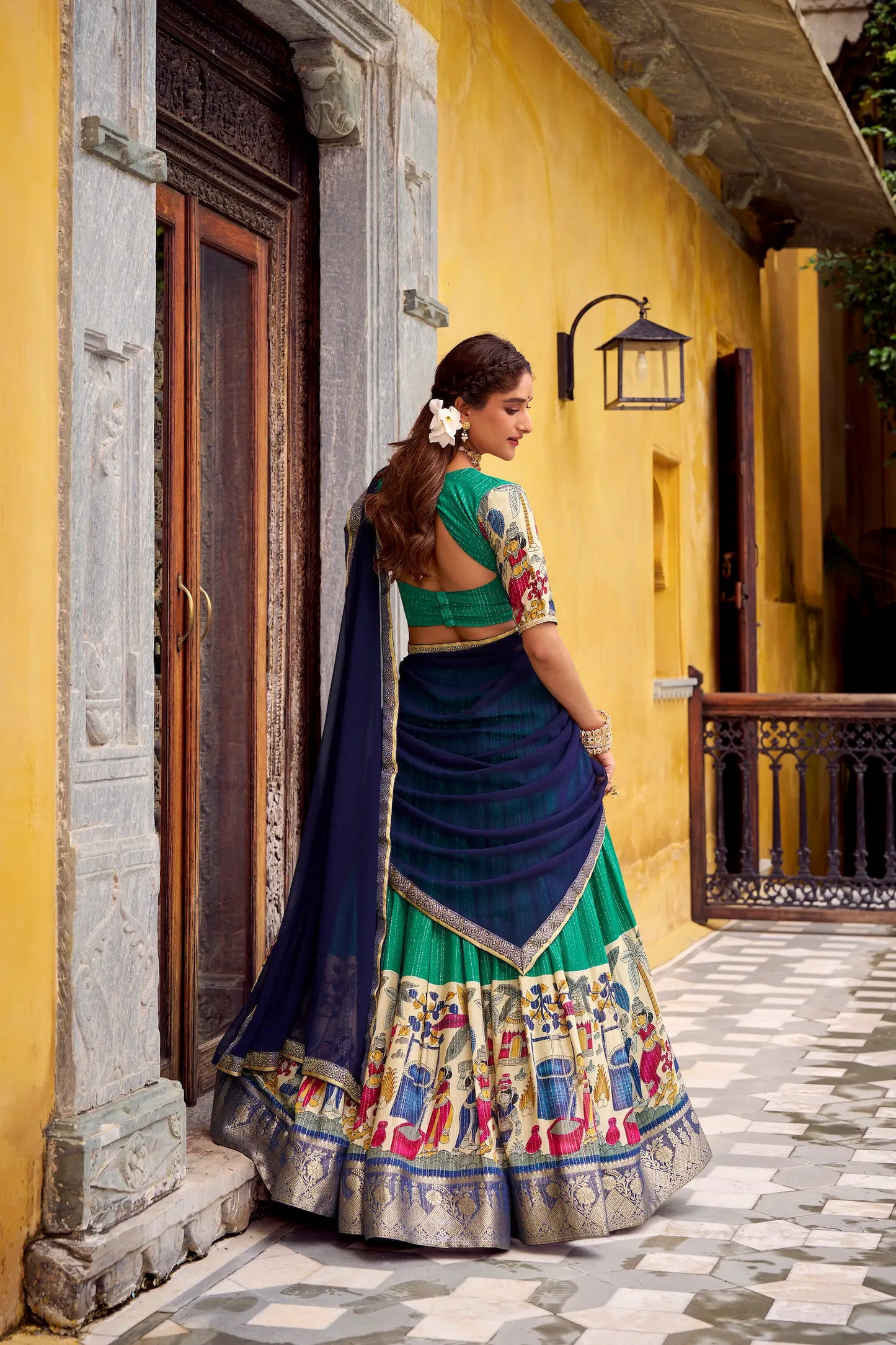Teal Green Chanderi Lehenga Choli With Kalamkari Print & Zari Weaving Work