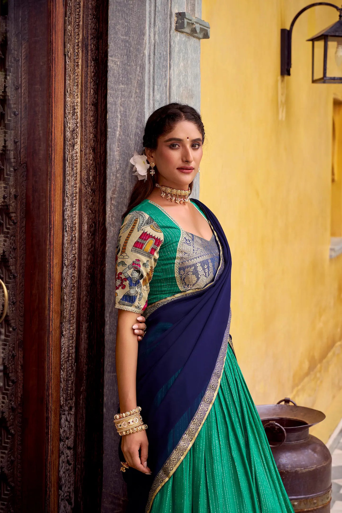 Teal Green Chanderi Lehenga Choli With Kalamkari Print & Zari Weaving Work